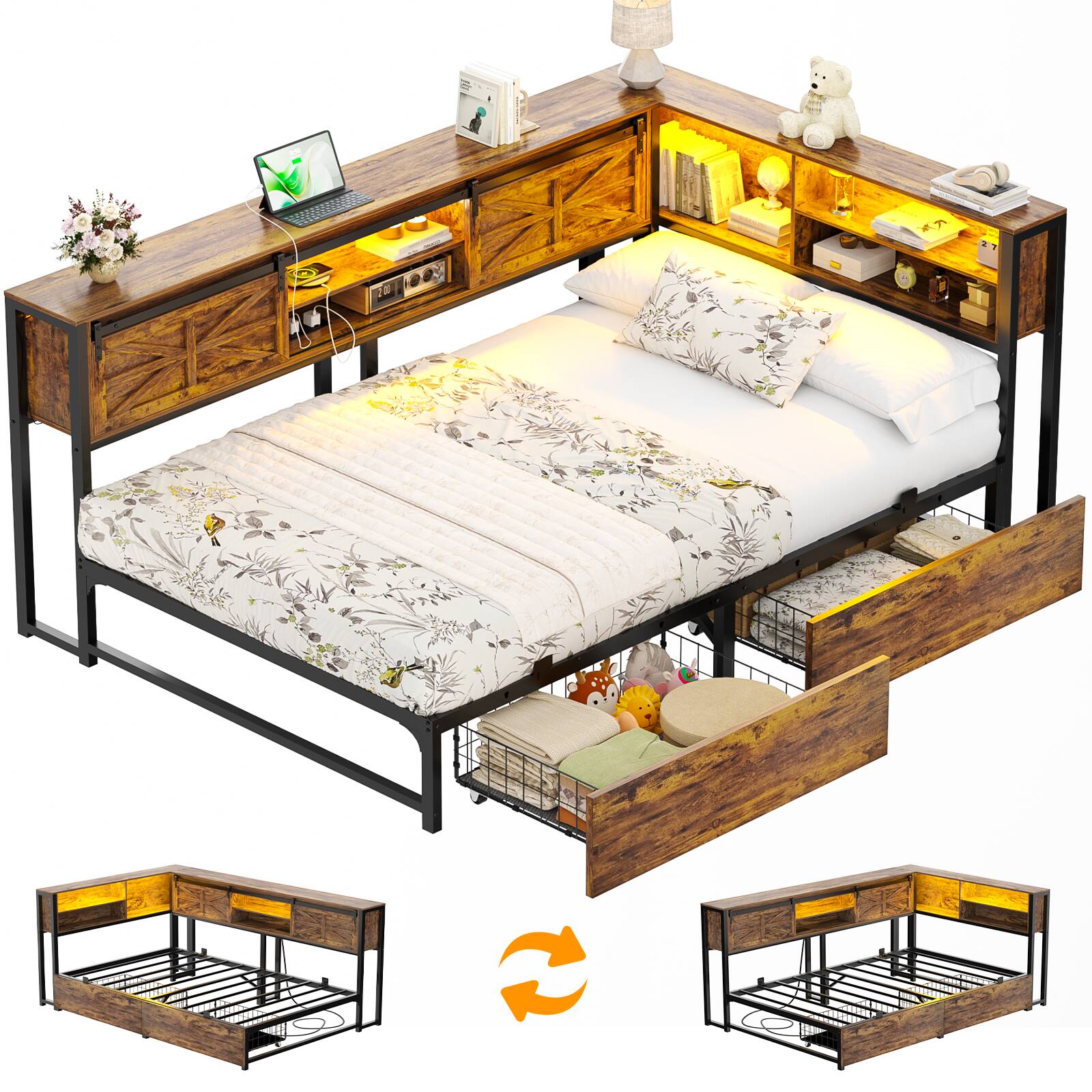 Angle. Aheaplus - Twin Corner Daybed with Drawers and Storage Headboard, L Shaped Day Bed with Barn Doors, Power Outlets, and LED Lights - Brown.
