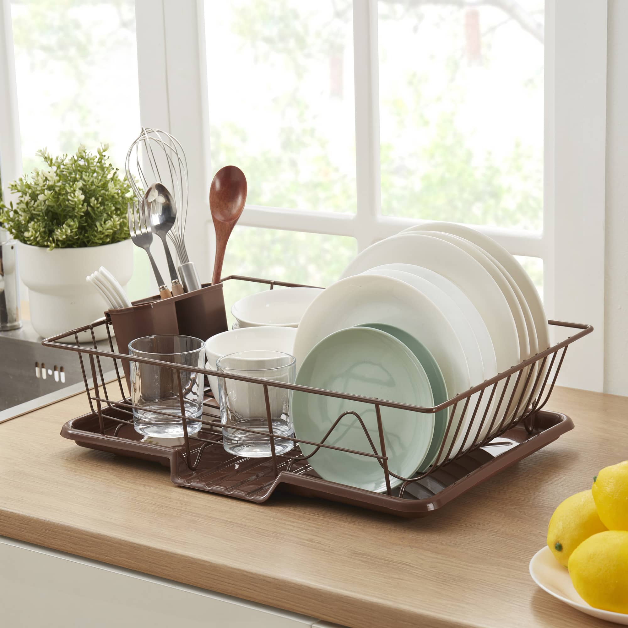 Sweet Home Collection Steel 3-Piece Large Countertop Dish Drainer with  Drain Board Utensil Holder Bronze