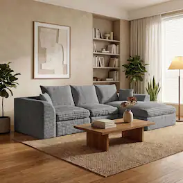 Anysun - 102" L-Shaped 3-Seater with Reversible Chaise, Boneless Memory Foam Corduroy Sofa, No Assembly Required - Gray