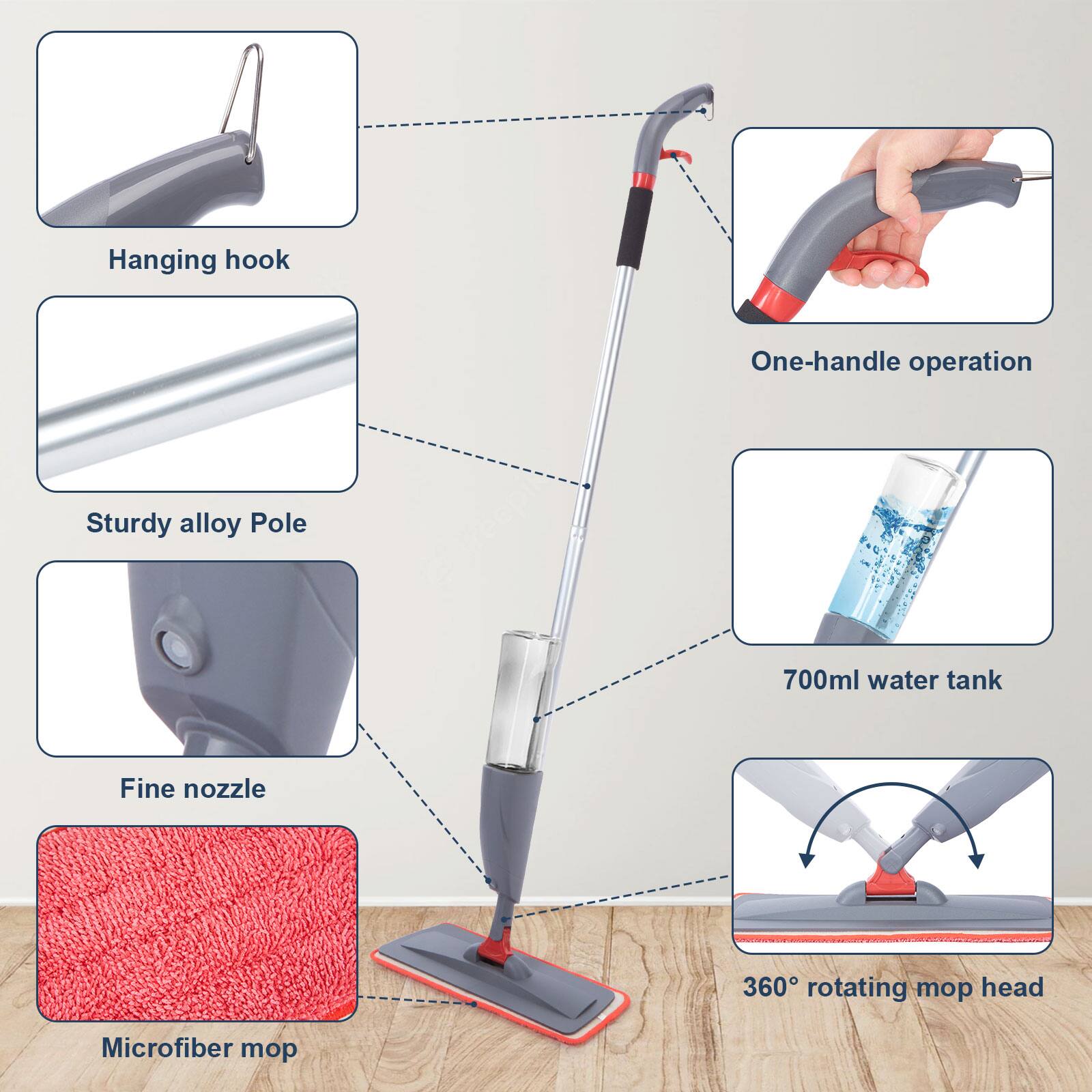 Hanging hook, One-handle operation, Sturdy alloy Pole, 700ml water tank, Fine nozzle, 360 rotating mop head, Microfiber mop