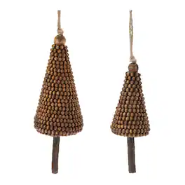 BreeBe - Wood Beaded Pine Tree Ornament (Set of 4) - Brown