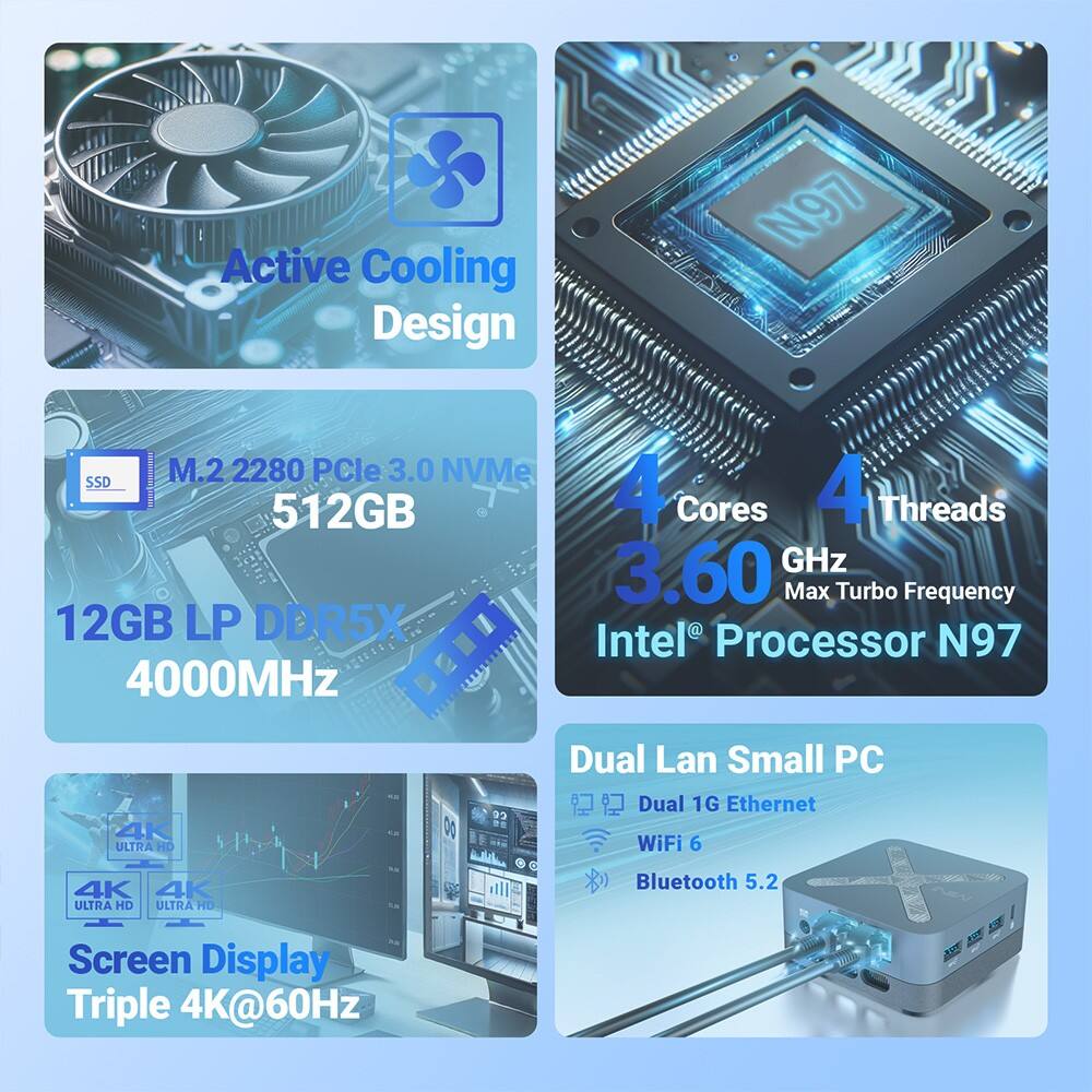 Active Cooling Design, N97 SSD M.2 2280 PCIe 3.0 NVMe 512GB, 12GB LP DDR5X 4000MHz, 4 Cores 4 Threads 3.60 GHz Max Turbo Frequency Intel Processor N97, Dual Lan Small PC, Dual 1G Ethernet, WiFi 6, Bluetooth 5.2, Screen Display Triple 4K@60Hz