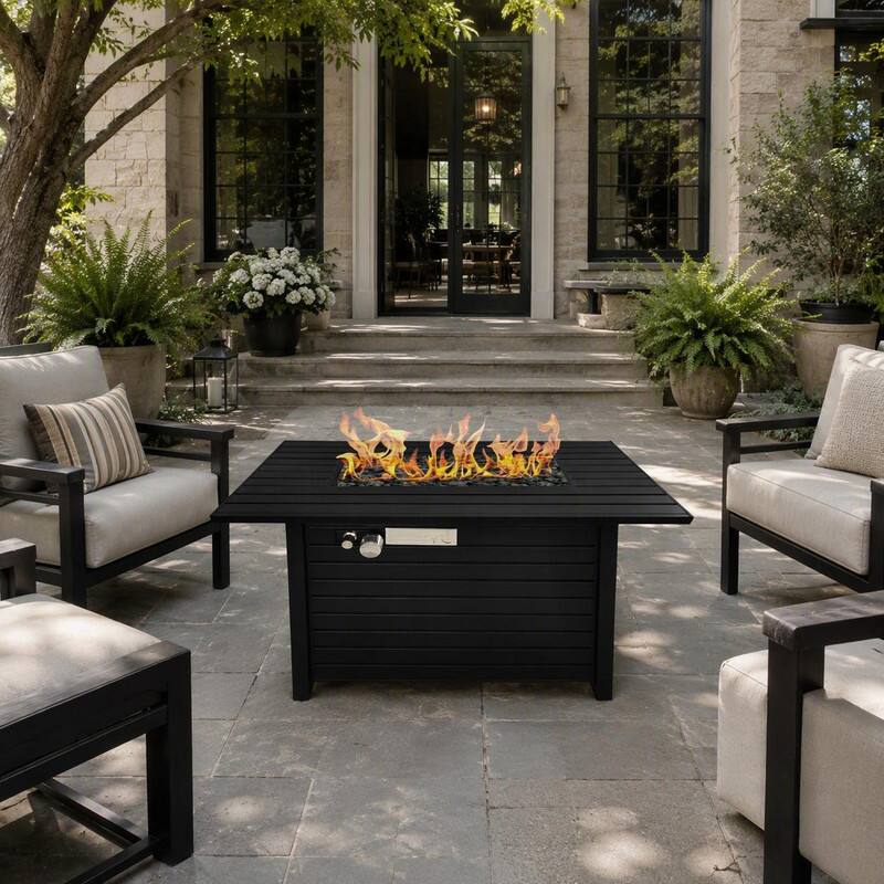 Angle. RYHNUYNE - Outdoor Black Steel Fire Pit Table with Lid, 42"W x 25" H Rectangular Fire Table for Garden Deck Patio - Black.