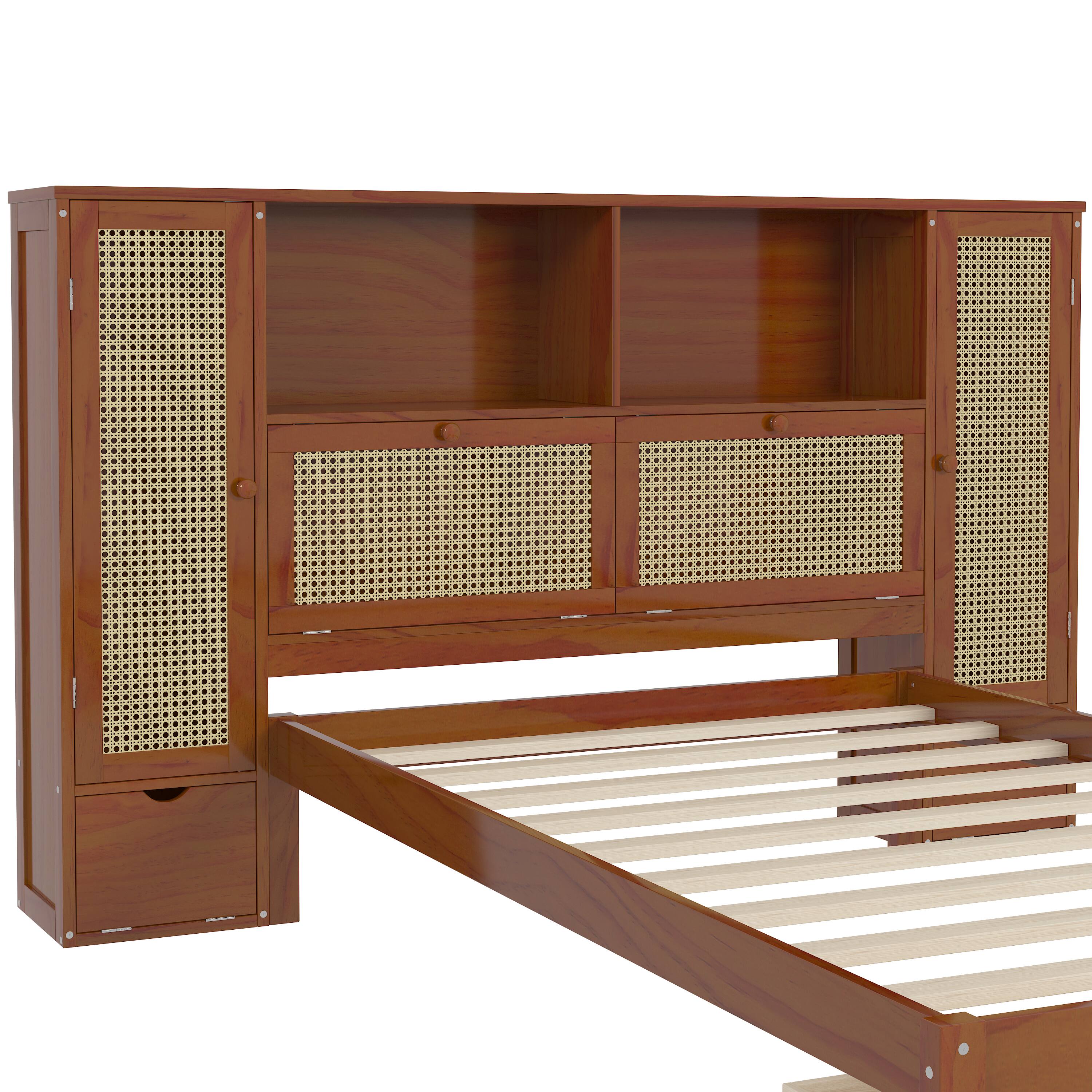 Alt View 6. Tiramisubest - Twin Size Wooden Multifunctional Platform Bed with Two Storage Lockers, Drawer, and Storage Shelf on Headboard - Walnut.