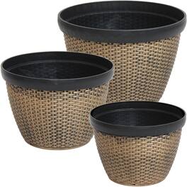 Sunnydaze - Resin Basketweave Outdoor Planter 12 in, 13 in, 15 in - Set of 3 - Brown