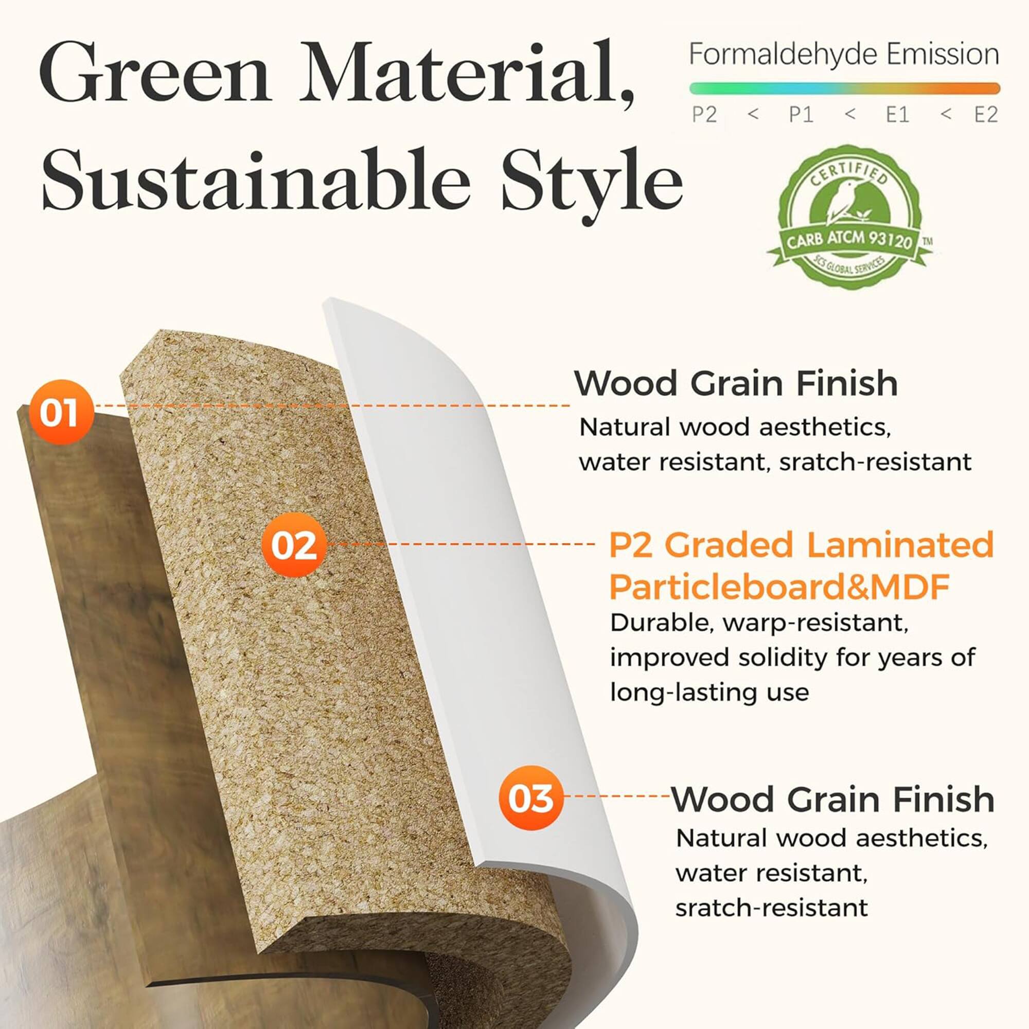 **Green Material, Sustainable Style**

**Formaldehyde Emission**  
P2 < P1 < E1 < E2

**Wood Grain Finish**  
Natural wood aesthetics, water resistant, scratch-resistant

**P2 Graded Laminated Particleboard&MDF**  
Durable, warp-resistant, improved solidity for years of long-lasting use

**Wood Grain Finish**  
Natural wood aesthetics, water resistant, scratch-resistant

**CERTIFIED**  
CARB ATCM 93120  
ACE GLOBAL SERVICES