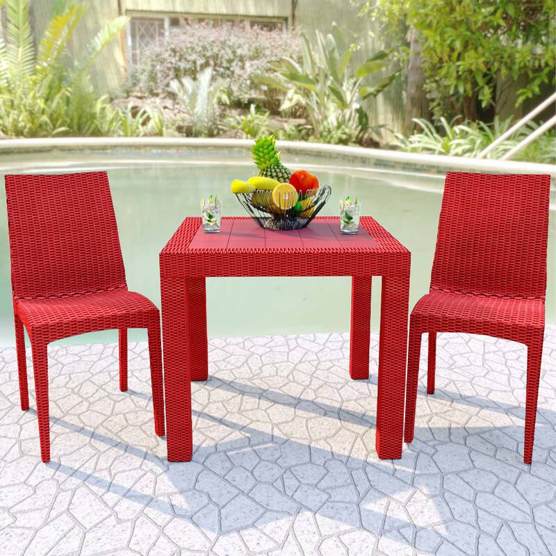 Left. LeisureMod - Mace Stackable Outdoor Dining Chair - Weather-Resistant Wicker Weave - Red.