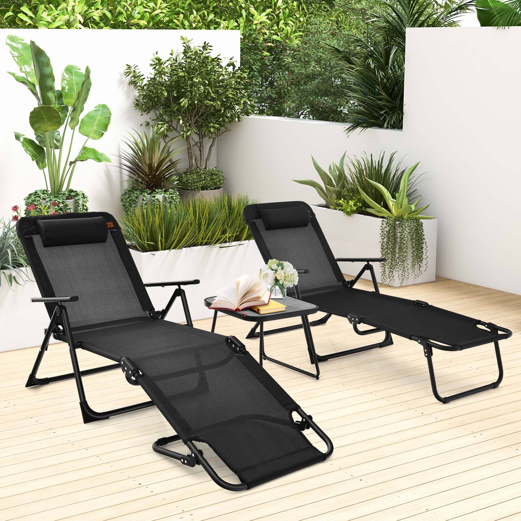 Alt View 4. Costway - Costway 3pcs Patio Folding Chaise Lounge Chair PVC Tabletop Set Outdoor Portable Beach - Black.