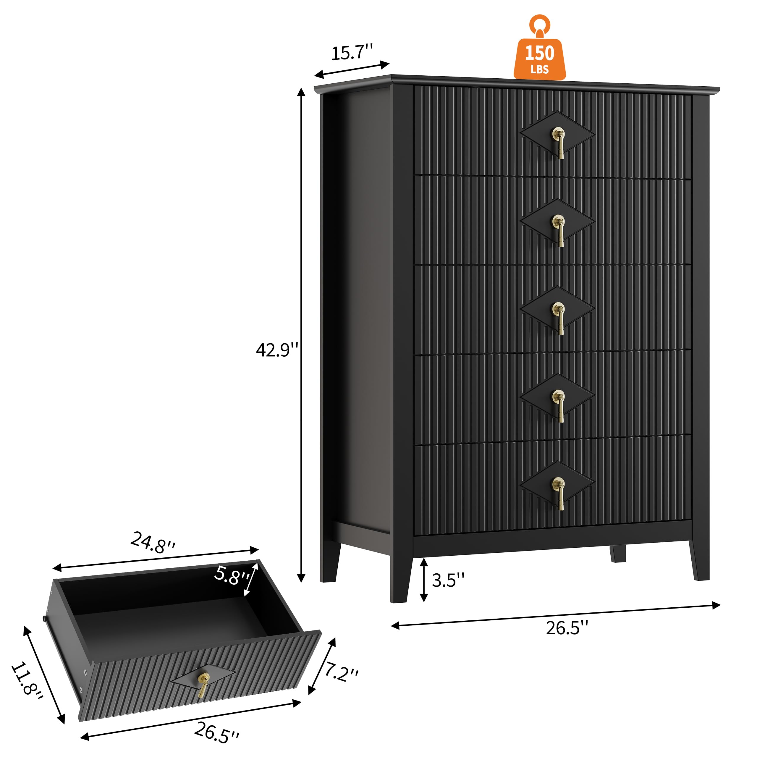 15.7"  
150 LBS  
42.9"  
11.8"  
24.8"  
5.8"  
26.5"  
7.2"  
3.5"  
26.5"