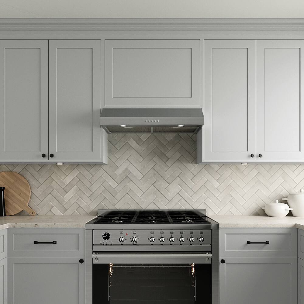 Left. Streamline - 30 in. Rapallo Ducted Undermount 165 CFM Range Hood, Mesh Filters, Push Button Control, LED Lights - Brushed Stainless Steel.