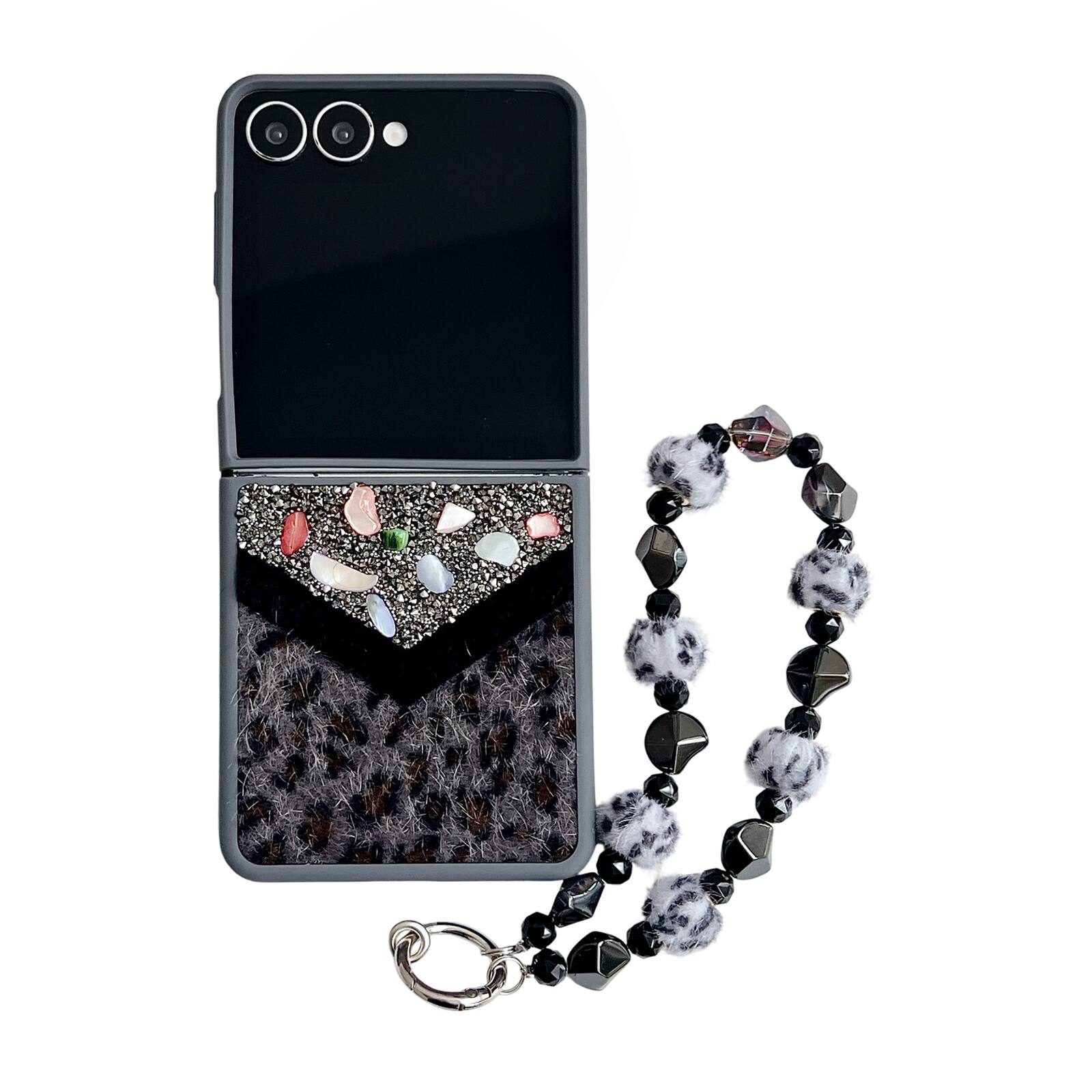 Left. Dteck - Shockproof Phone Case for Samsung Galaxy Z Flip7 with Beaded Wrist Strap, Glitter Rhinestone Hard PC Protective Cover - Black.