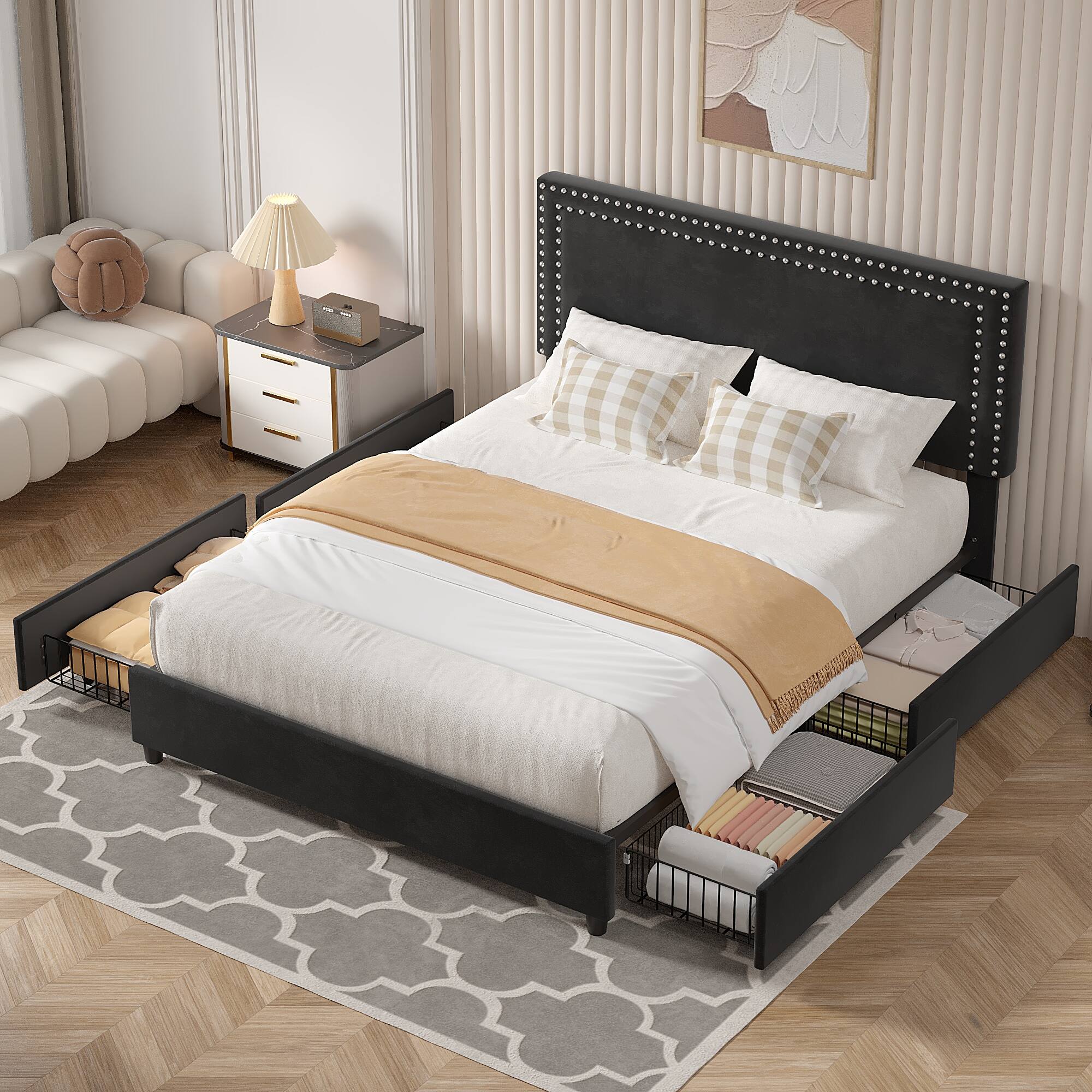 Alt View 4. Vecelo - Velvet Upholstered Queen Bed Frame with 4 Storage Drawers, Adjustable Headboard, Rivet Trim, No Box Spring Needed - Black.