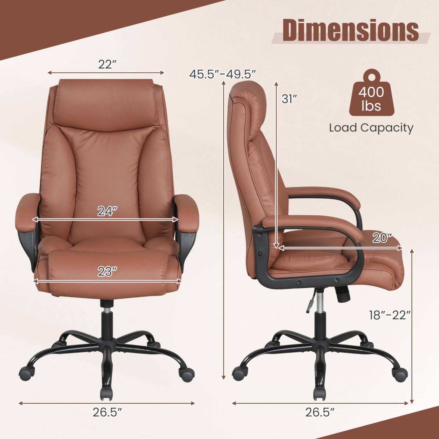Dimensions
- Width: 22"
- Depth: 45.5"-49.5"
- Height: 31"
- Seat Width: 24"
- Seat Depth: 23"
- Armrest Height: 20"
- Back Height: 18"-22"
- Base Width: 26.5"
- Load Capacity: 400 lbs