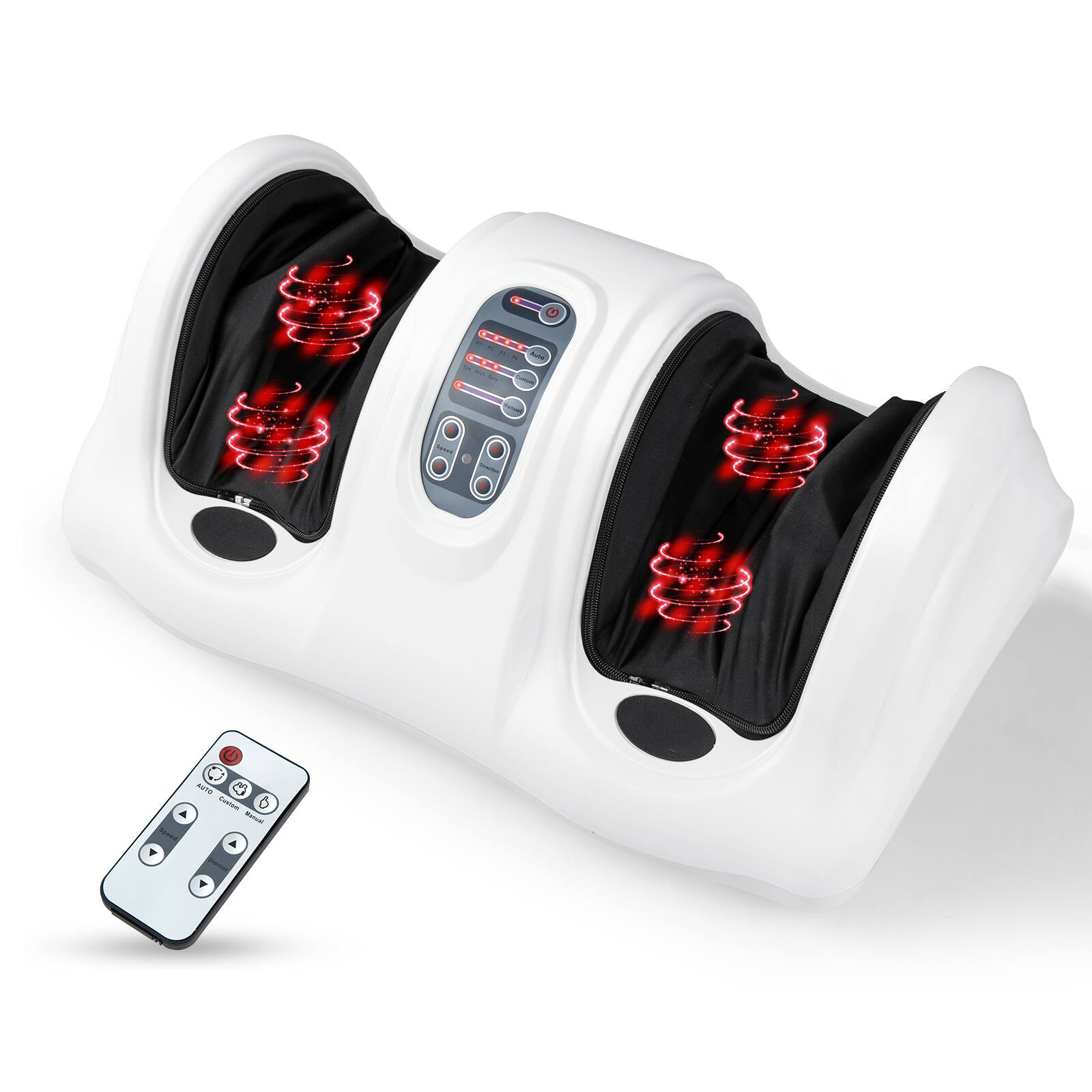 The image features a white massage chair with a remote control placed next to it. The chair has a black and red design, and it is equipped with a heating and massage function. The remote control allows the user to adjust the settings for the massage and heating features, providing a comfortable and relaxing experience.