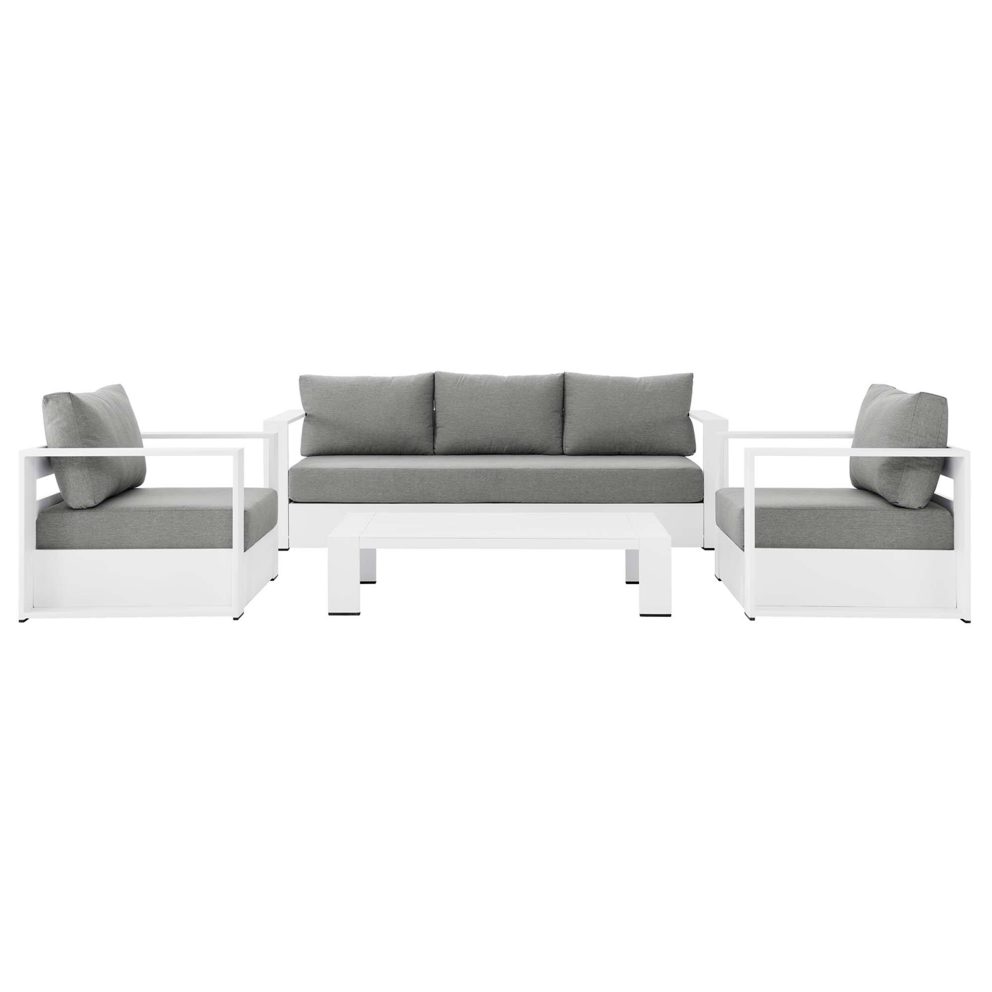 Alt View 1. Modway - Tahoe 4-Piece Outdoor Patio Set - Powder-Coated Aluminum, Cushioned Sofa, 2 Armchairs, Coffee Table - White Gray.