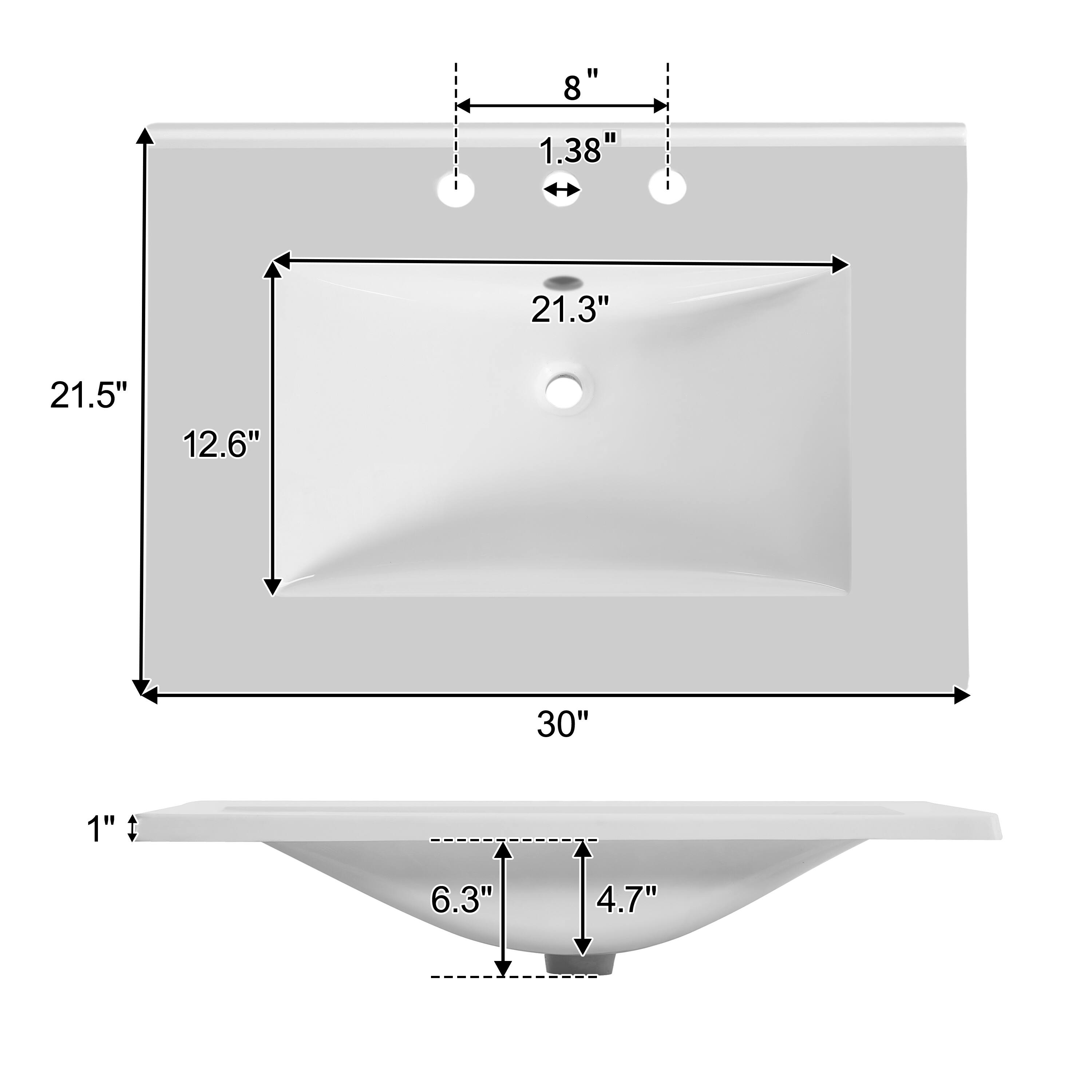 - Width: 30"
- Depth: 21.5"
- Height: 12.6"
- Drainage Area: 21.3" x 1.38"
- Overflow: 8"
- Drain: 1"
- Bowl Depth: 4.7"
- Bowl Width: 6.3"