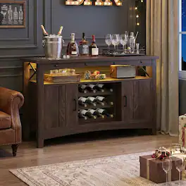 Aheaplus - Wine Cabinet with Charging Station and LED Lights, Liquor Cabinet with Movable Wooden Wine Rack - Walnut