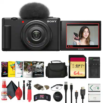 SONY ZEISS Tessar *T 2.0/7.6 REC SONY
- slTER Lnature I Adal A
- VideoStud
- PHOTO
- PaintShop
- Painter
- AfterShot Pro essentials
- 64GB SD V30 XC I
- SONY NP-B11
- KAVE
- ETO
- CLEAR
- ULTIMA
- SONY 4-681
- Save Electronic Lens Cleaner
- Microfiber Cleaning Cloth
- Tripod
- USB Cable
- SD Card Reader
- Battery Charger
- Extra Batteries
- Camera Bag
- Various Software Boxes (PaintShop, VideoStudio, Painter, AfterShot Pro)
