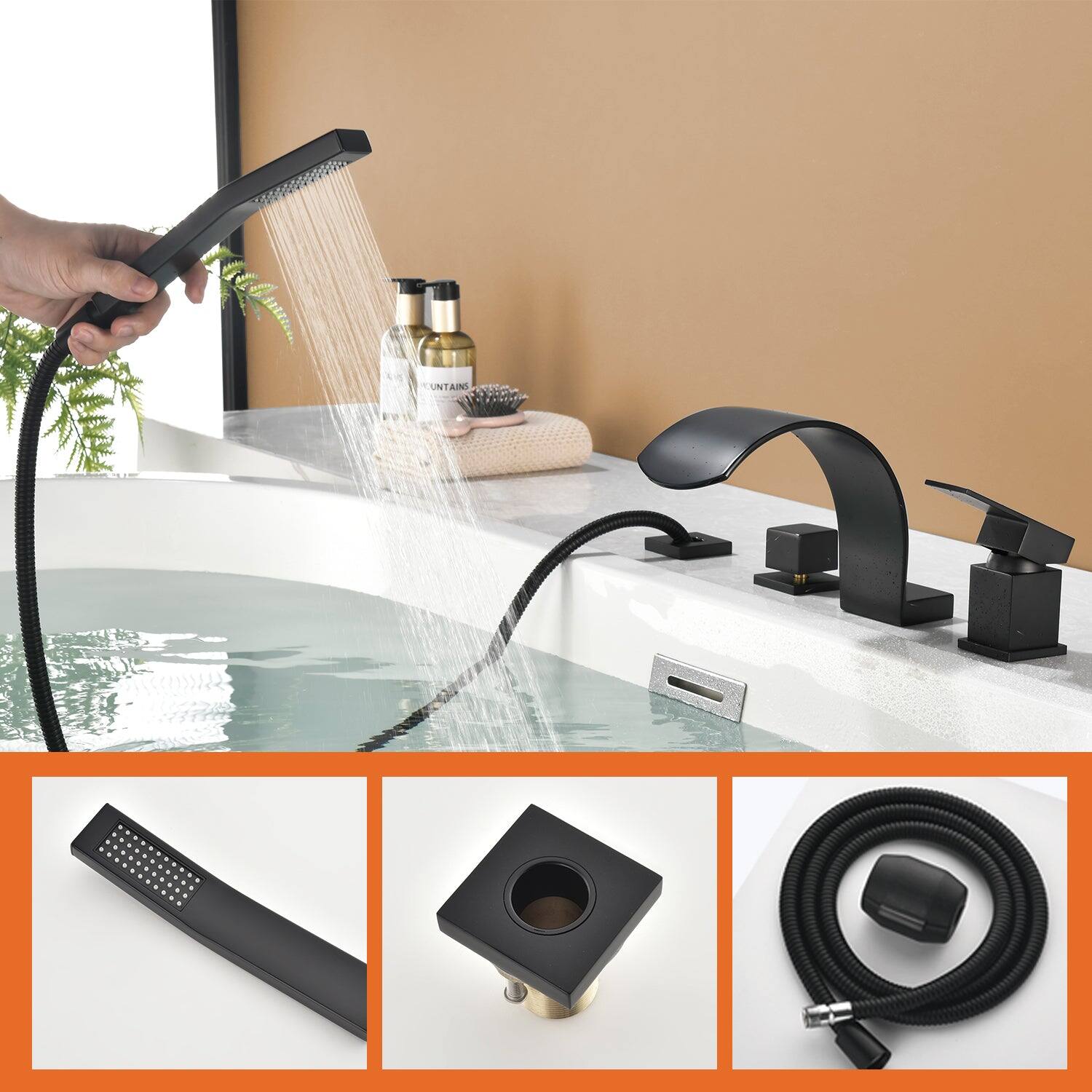 Alt View 2. Boyel Living - Black Curved Cold and Hot Water Bathtub Faucet with Handheld Shower and Waterfall Outlet Single Handle Dual Control - Matte Black.