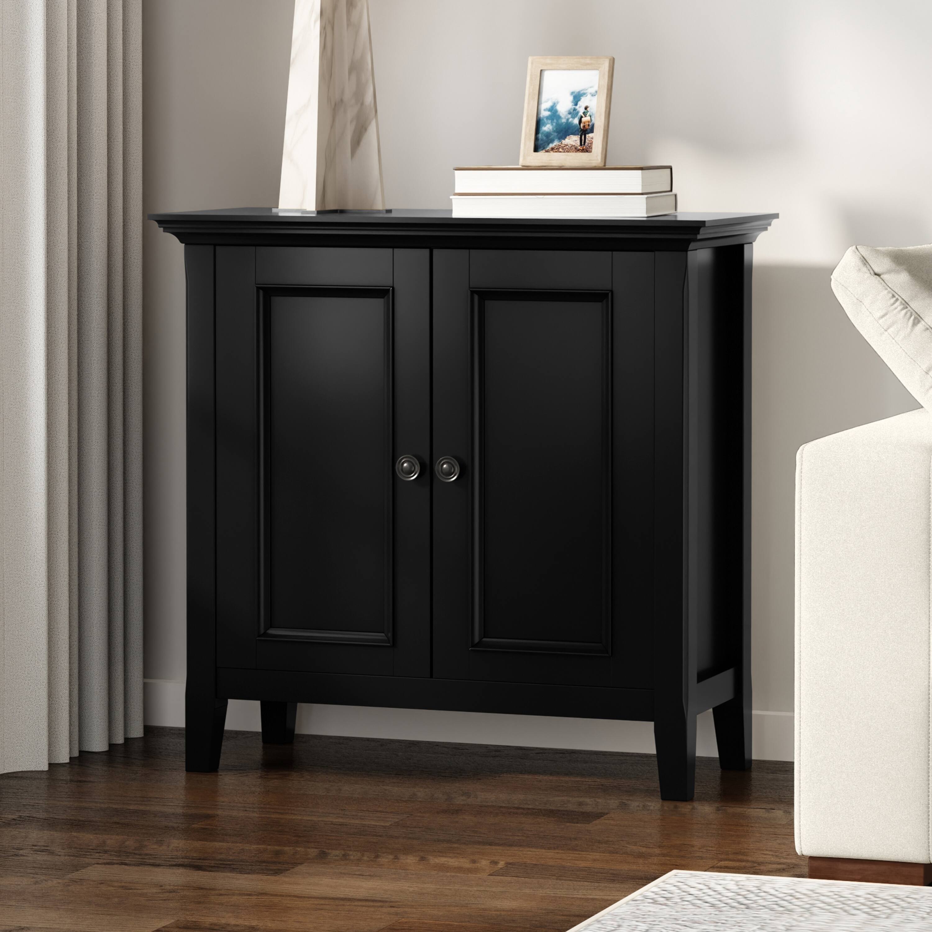 Angle. Simpli Home - Amherst 32 inch Wide Solid Wood Transitional Low Storage Cabinet in Black - Black.