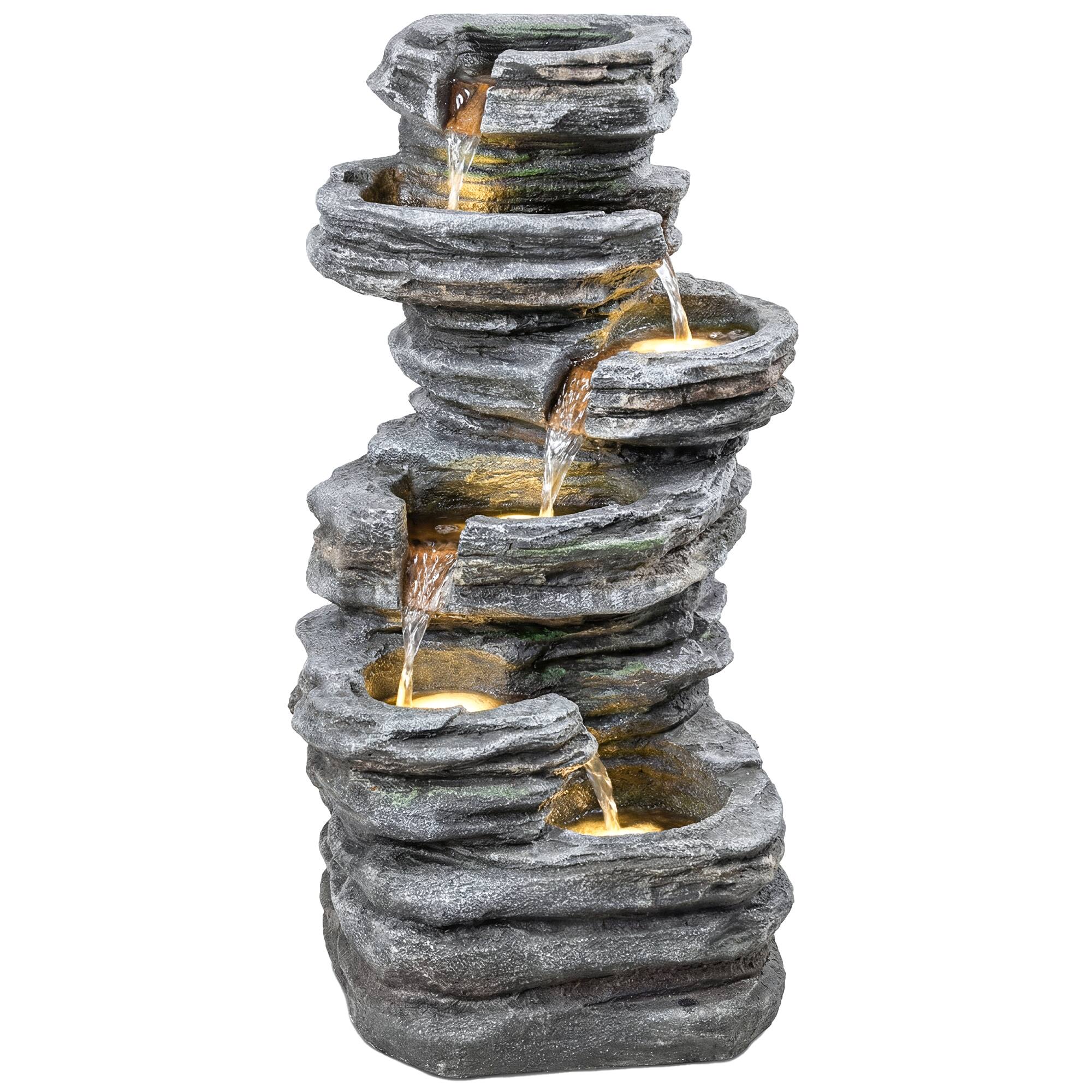 Front. Outsunny - Tall Outdoor Waterfall Fountain with LED Lights, 6-Tier Cascading Waterfall Feature - Gray.