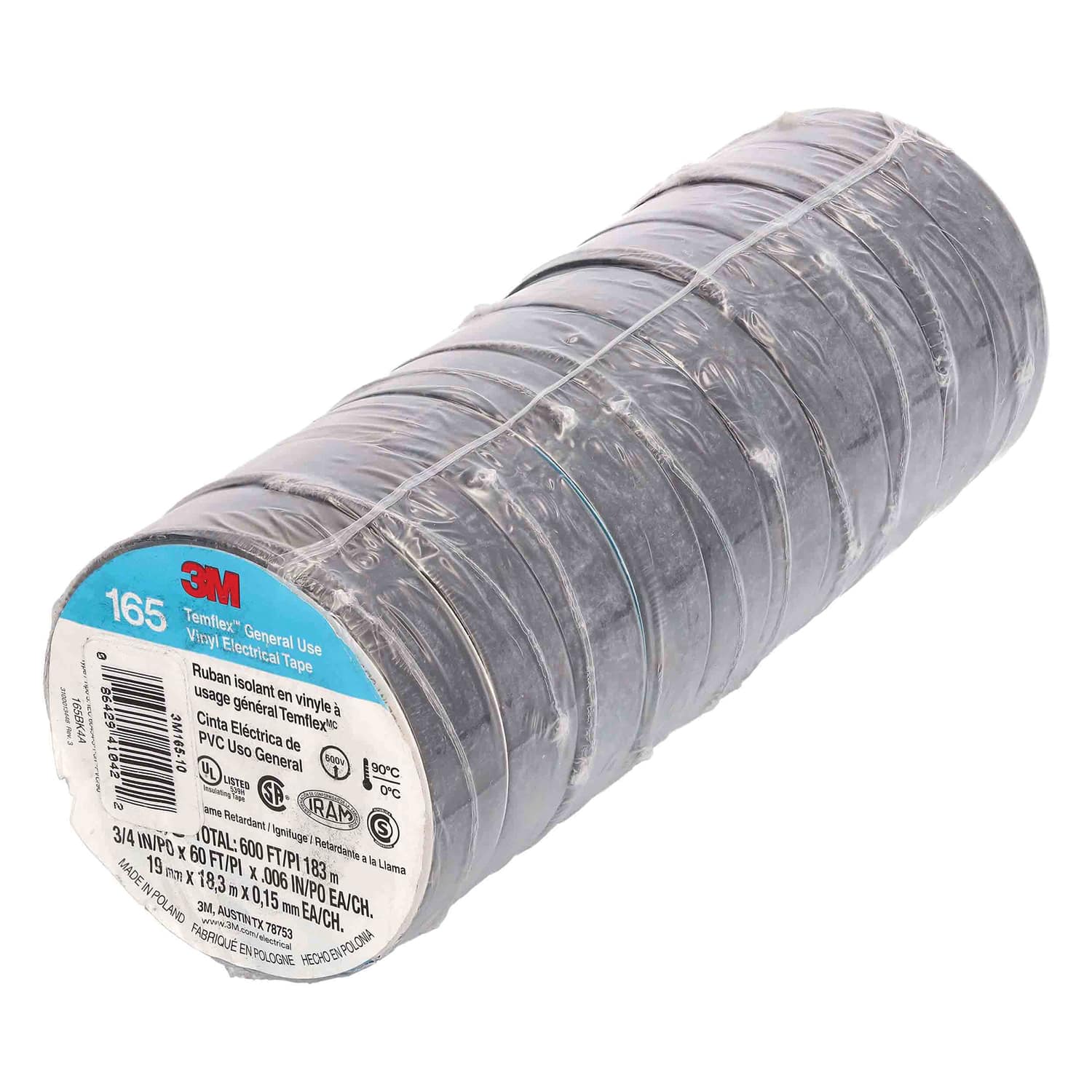 Install Bay - Temflex 3/4" Economy Vinyl Electrical Tape 165, 60 ft, 10 Pack - Black