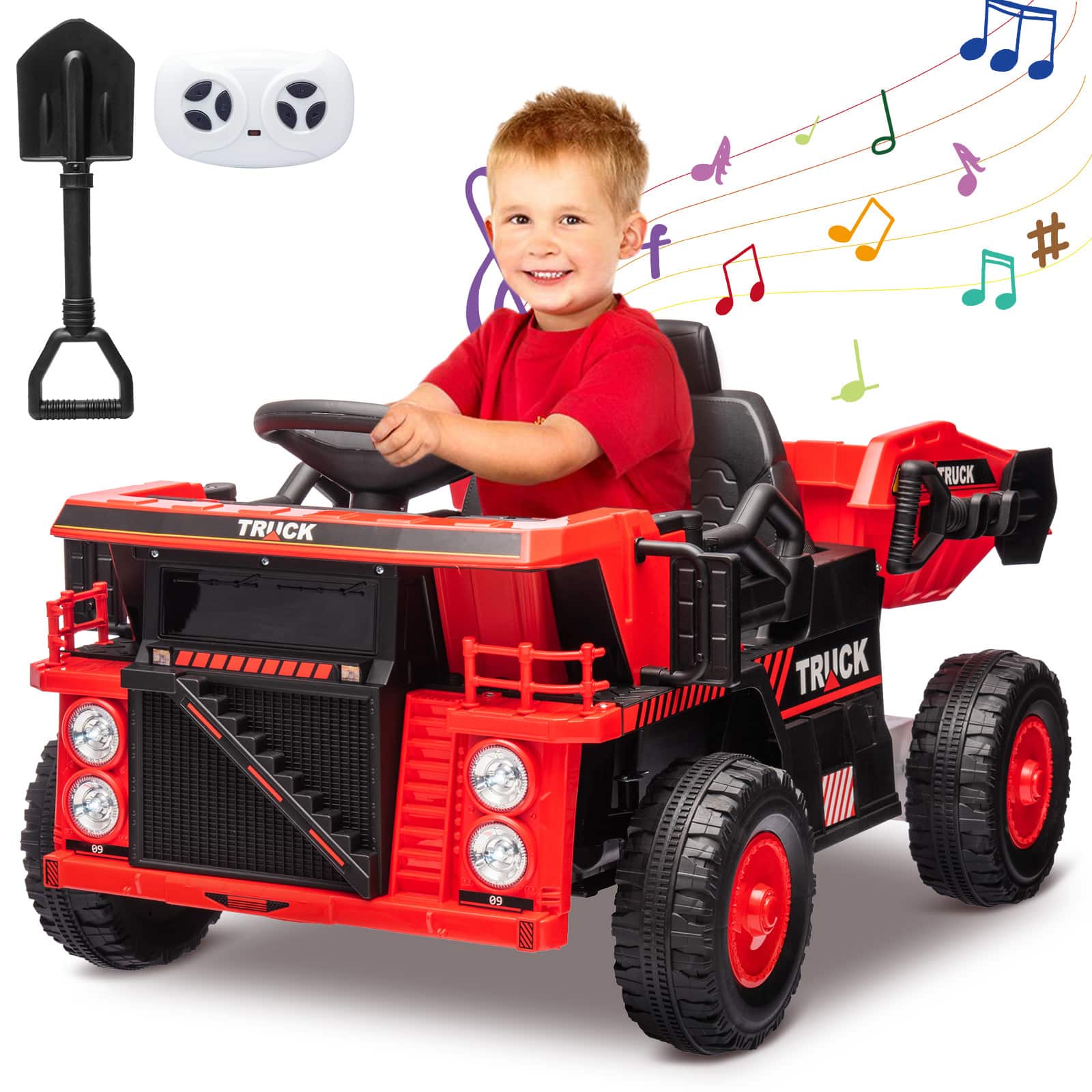 GAOMON - 12V Ride On Dump Truck for Kids, Electric Construction Vehicle with Remote Control, Dump Bed, Shovel, Music Player - Red