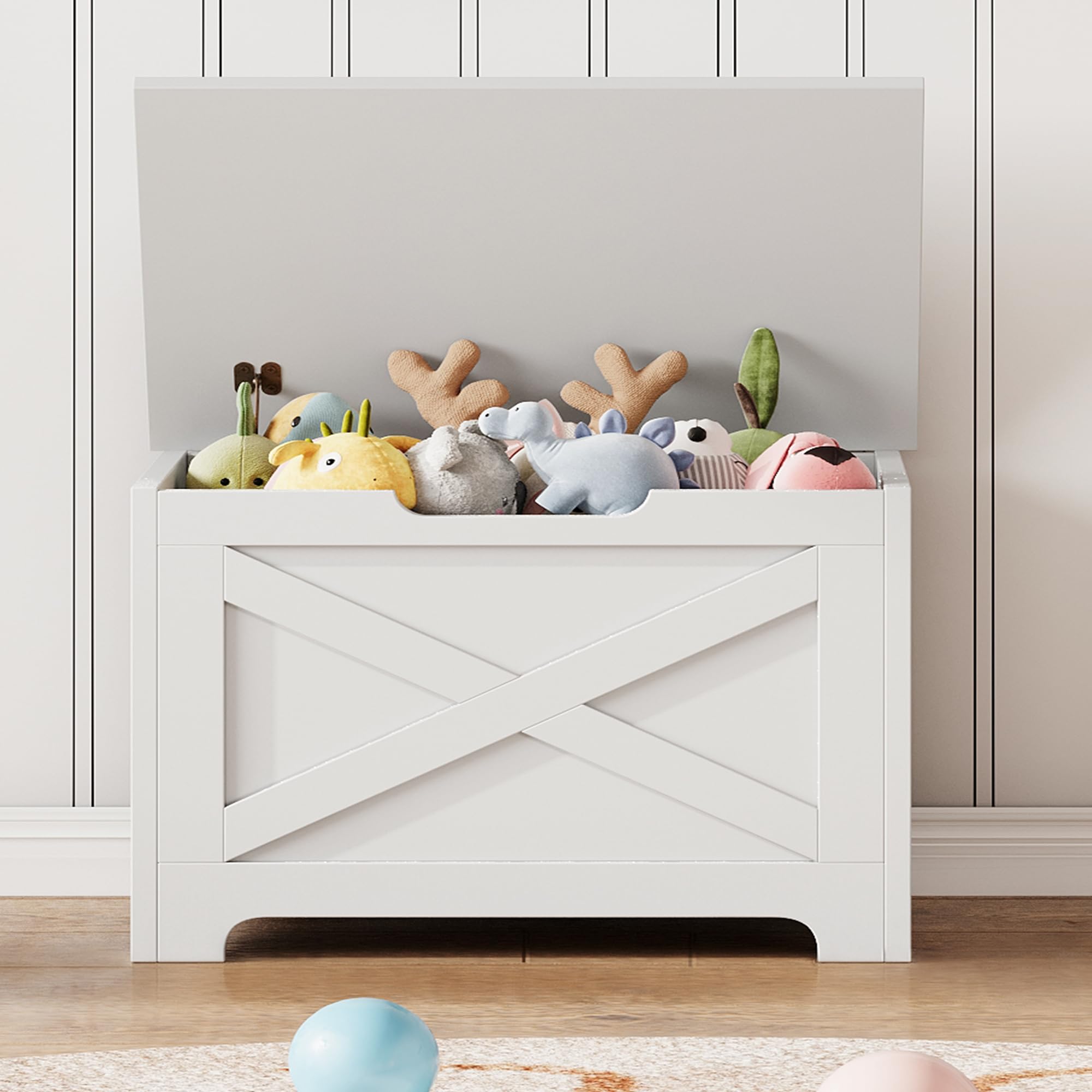 Left. Jojoka - 23.6" Wooden Toy Storage Chest, Lift-Top Storage Bench with Safety Hinge for Home - X-White.