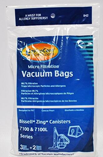 A MUST FOR ALLERGY SUFFERERS!!  
842 CnveroCore LECH LOGAS Micro Filtration Vacuum Bags  
99.7% Filtration Traps Microscopic Particles and Allergens  
Filtración 99.7% Partículas y Alergénicos Microscópicos de Pliegues  
99.7% Filtración Partículas Alergénicos Microscópicos de los Desvios  
Designed to Fit Concus Diseñado  
Medida Bissell* Zing* Canisters 7100 & 7100L Series  
RAGS 3 LACS BOL_IAS + 2  
Trademark of Vacuum Manufacturer