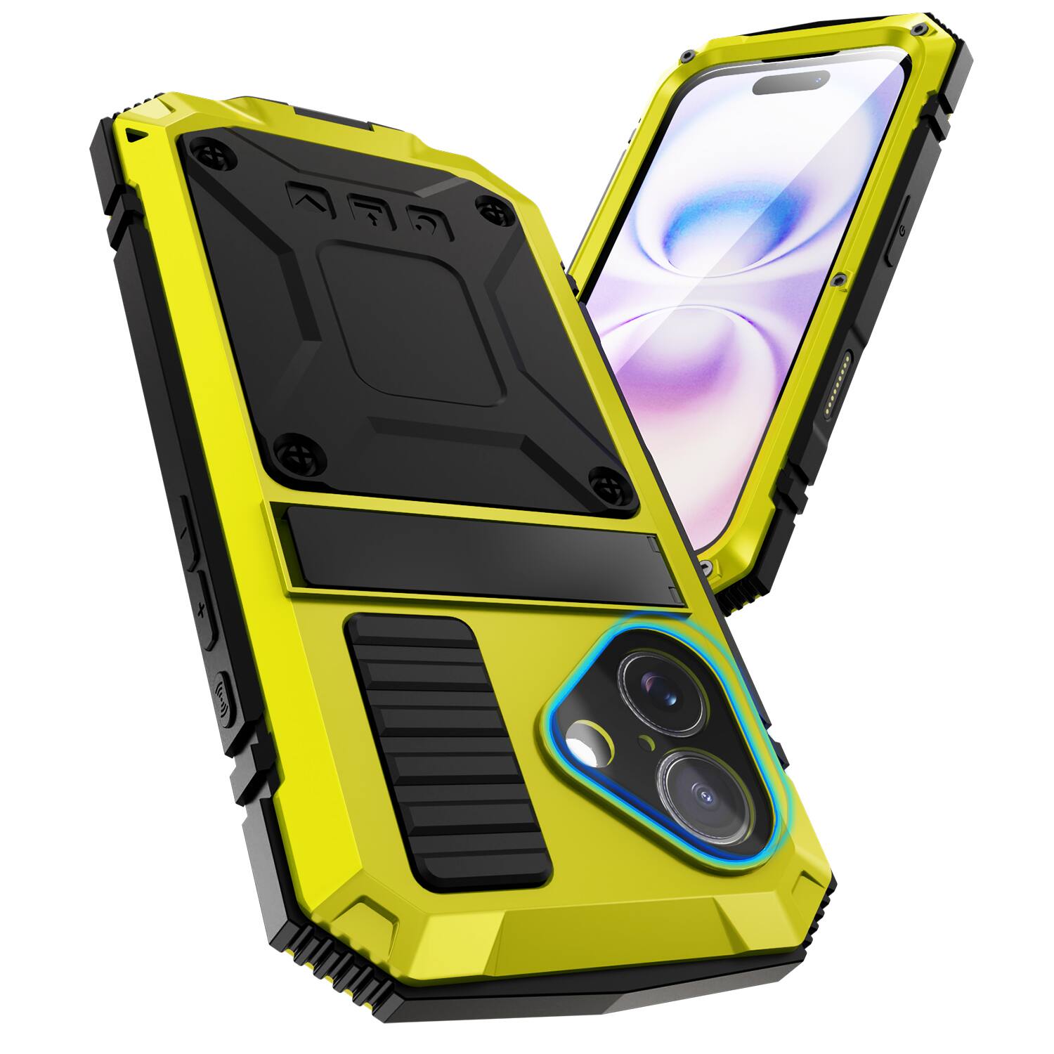 Angle. Dteck - For Apple iPhone 17 Case Outdoor Sports Kickstand Rugged Heavy Duty Full Body Cover with Built in Screen Protector - Yellow.