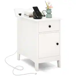 Costway - End Table with Charging Station Flip Top Bedside Table with USB Ports & Outlets - White