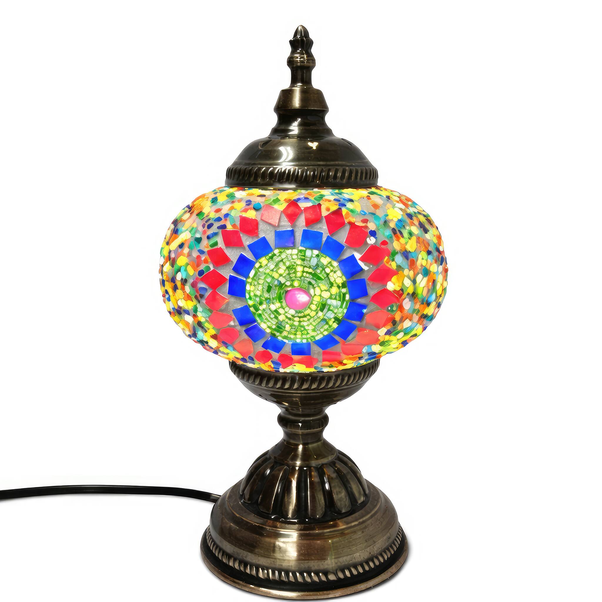 Angle. FC Design - 12"H Bronze Base Elegant Globe Blue–Red Flowery Mosaic Turkish Lamp.