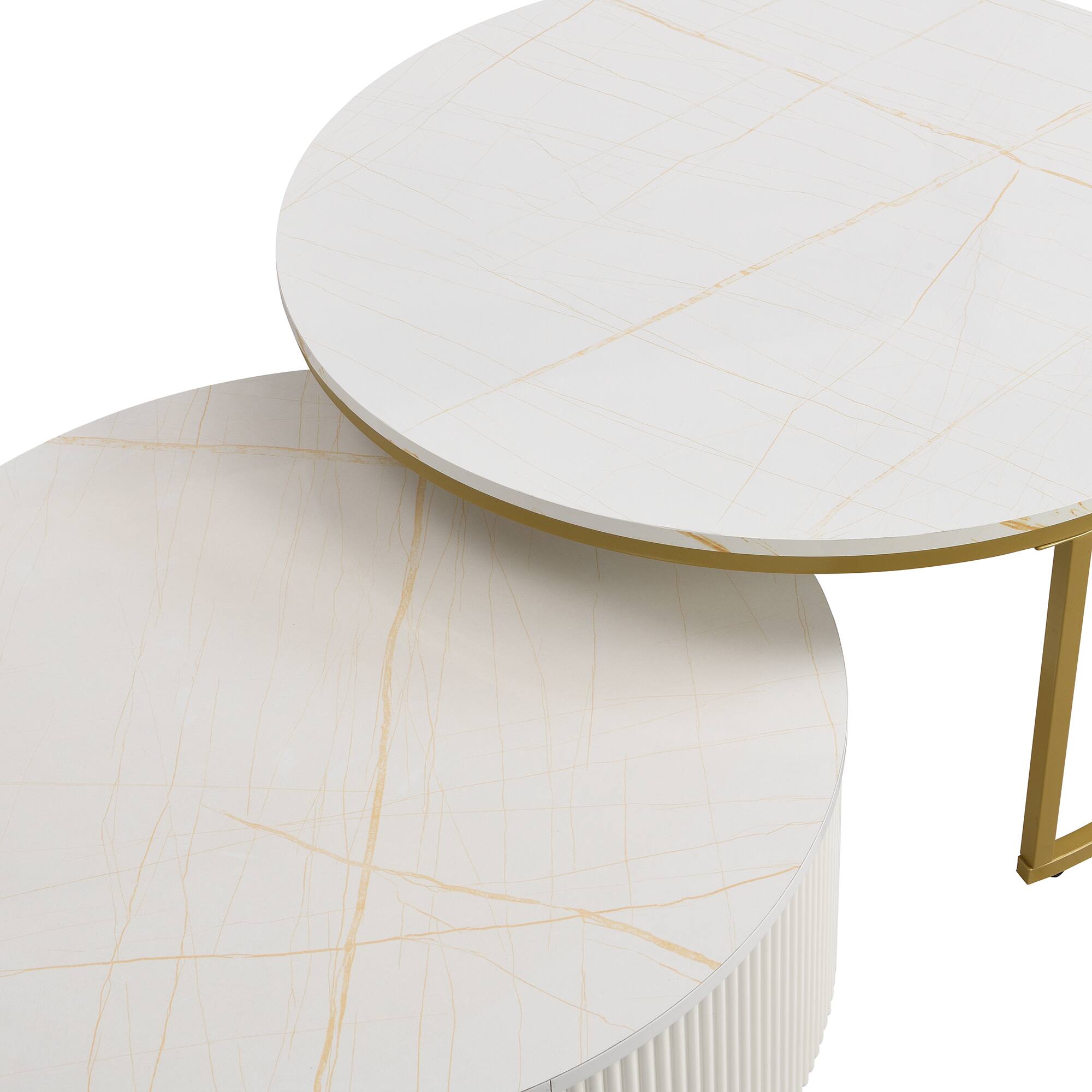 Alt View 8. Tiramisubest - Modern Round Nesting Coffee Table Fluted with Drawer in White & Gold in 27.6" - White.
