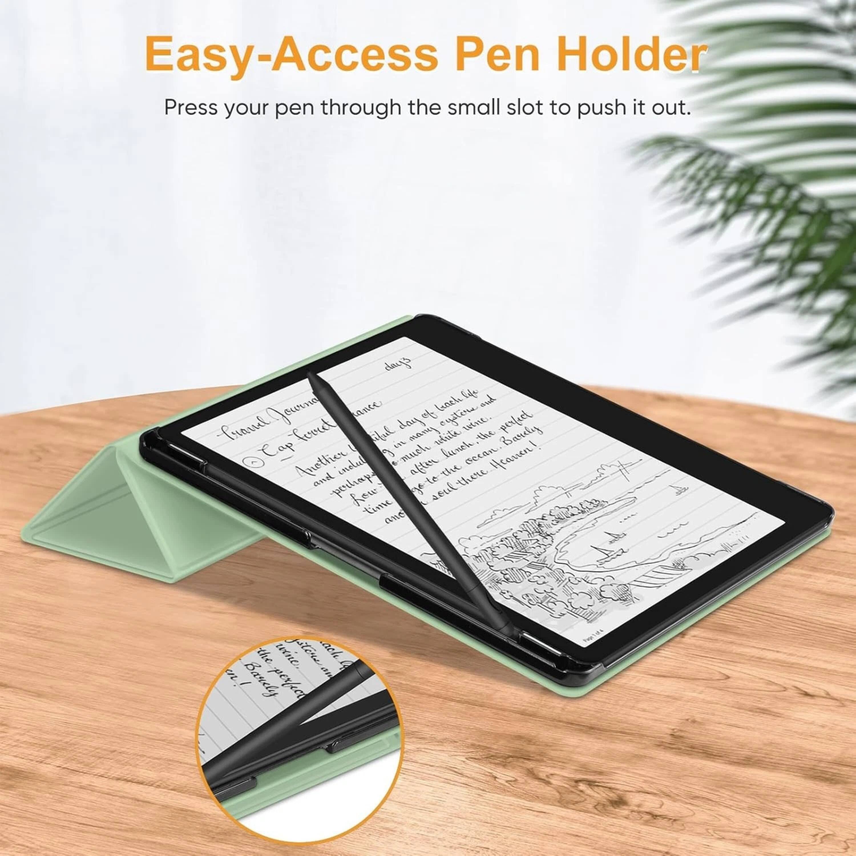 Easy-Access Pen Holder

Press your pen through the small slot to push it out.