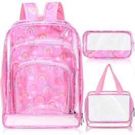 Cozy Serene - 3 Clear To School Backpack For Girlslunch Bag Heavy Duty Transparent Rainbow Pink Bookbags With Lunch Box Pencil Case - Default