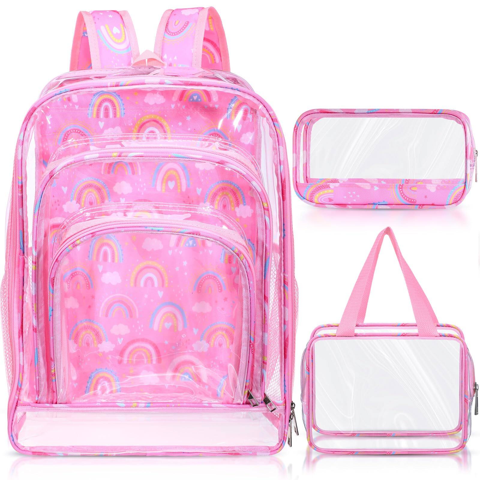 Front. Cozy Serene - 3 Clear To School Backpack For Girlslunch Bag Heavy Duty Transparent Rainbow Pink Bookbags With Lunch Box Pencil Case - Default.
