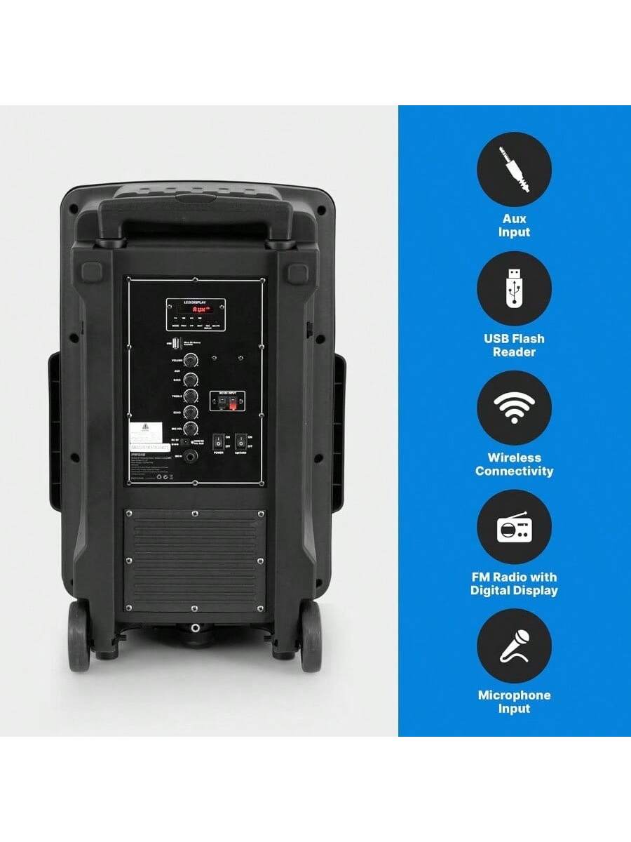 - Aux Input
- USB Flash Reader
- Wireless Connectivity
- FM Radio with Digital Display
- Microphone Input