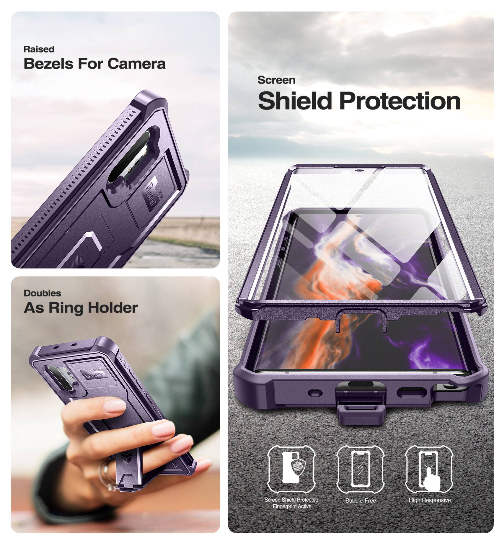 Raised Bezels For Camera, Screen Shield Protection, Doubles As Ring Holder, Screen Shield Protected, Fingerprint Active, Rubble-Free, High Responsive