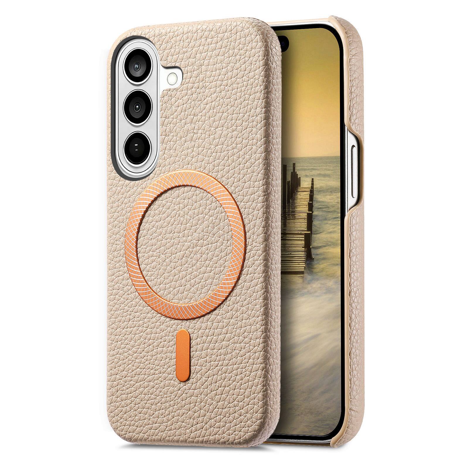 Front. Dteck - Lychee Texture Case for Samsung Galaxy S26+, Premium PU Leather Magnetic Shockproof Hard PC Cover with Raised Edges - Khaki.