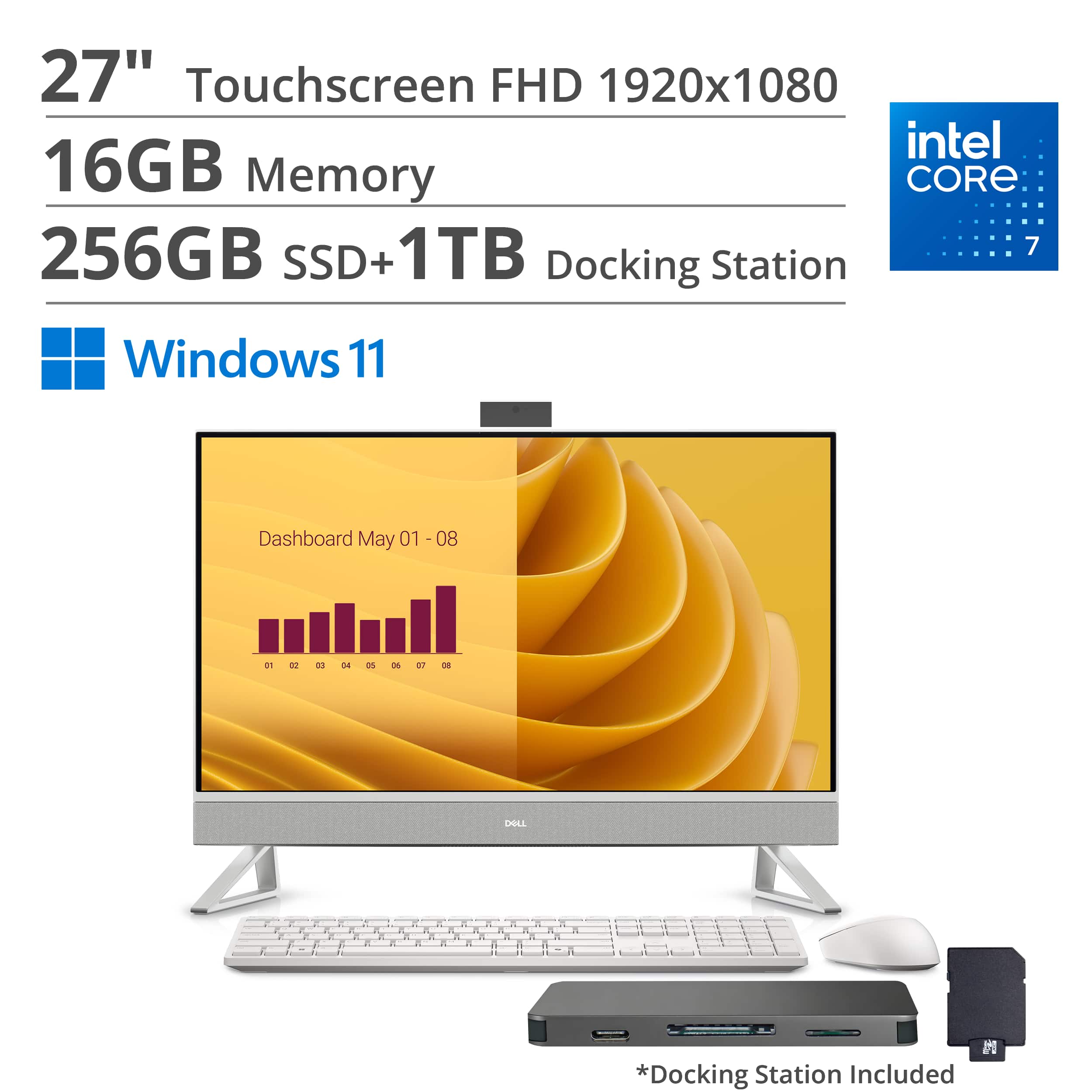 Dell - 27" FHD Touch All-in-One Desktop,Intel Core 7 150U,16GB DDR5,256GB SSD+1TB Dock Set,GeForce MX570A,Win 11 - White