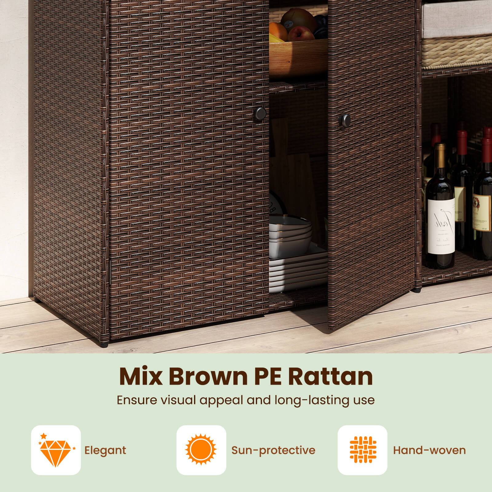 Mix Brown PE Rattan  
Ensure visual appeal and long-lasting use  

- Elegant  
- Sun-protective  
- Hand-woven