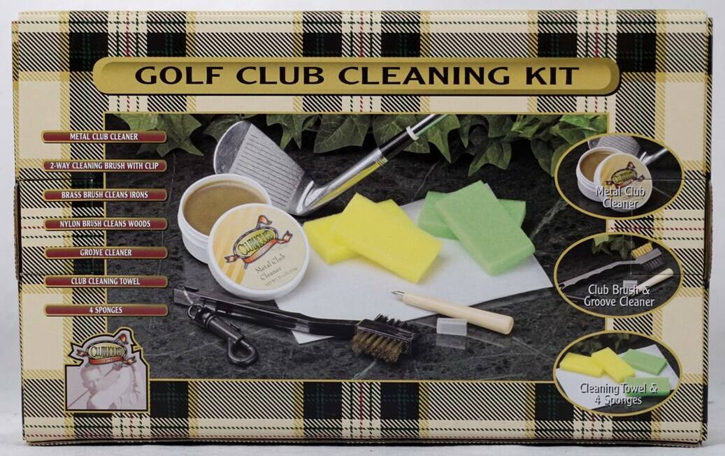 GOLF CLUB CLEANING KIT

- METAL CLUB CLEANER
- 2-WAY CLEANING BRUSH WITH CLIP
  - BRASS BRUSH CLEANS IRONS
  - NYLON BRUSH CLEANS WOODS
- GROOVE CLEANER
- CLUB CLEANING TOWEL
- 4 SPONGES

Club Brush & Groove Cleaner
Cleaning Towel & 4 Sponges
