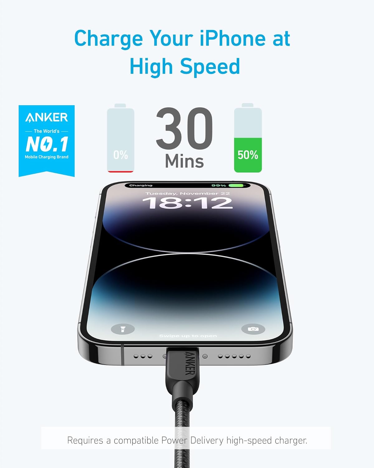 Charge Your iPhone at High Speed

ANKER NO.1 The World's 30 Mobile Charging Brand

30 Mins

0% 50%

Tuesday, November 22 18:12

Swipe up to open

Requires a compatible Power Delivery high-speed charger.