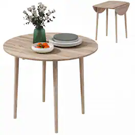 Homcom - Dining Table, Round Drop Leaf Kitchen Table for Small Spaces with Wood Legs - Oak