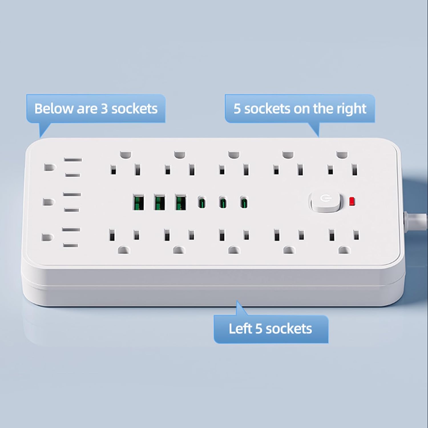 Below are 3 sockets  
5 sockets on the right  
Left 5 sockets