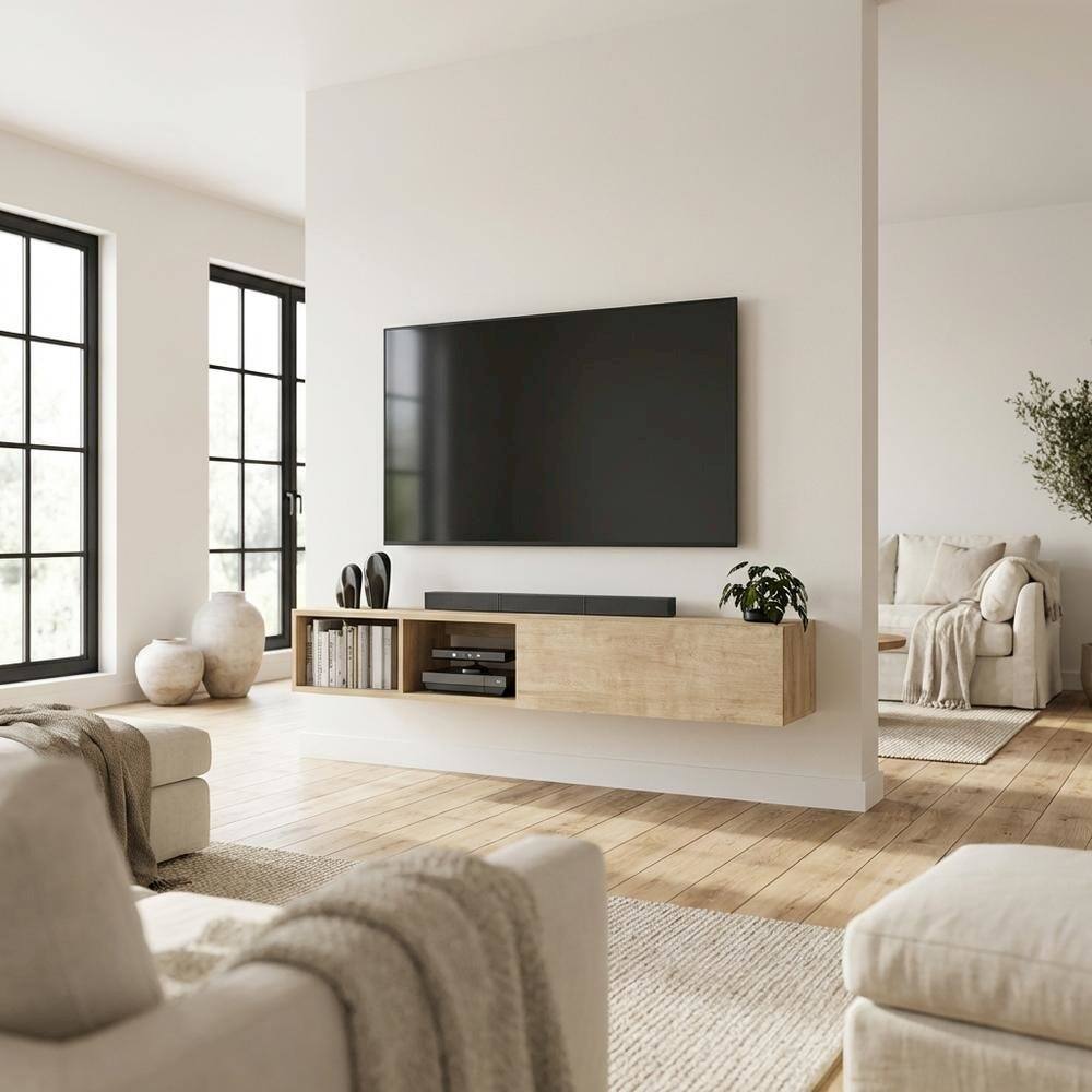 Alt View 2. FurniFact - Floating TV Stand with Oak Finish and Open Shelves for Modern Living - Gray.
