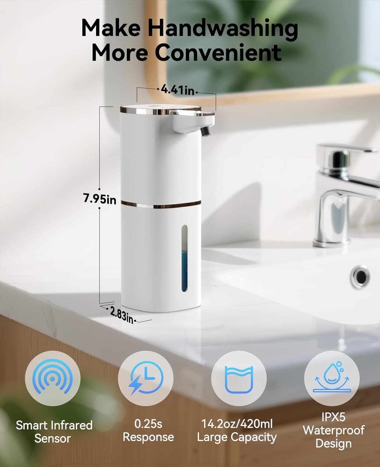 Make Handwashing More Convenient

- 4.41in
- 7.95in
- 2.83in

Smart Infrared Sensor
0.25s Response
14.2oz/420ml Large Capacity
IPX5 Waterproof Design