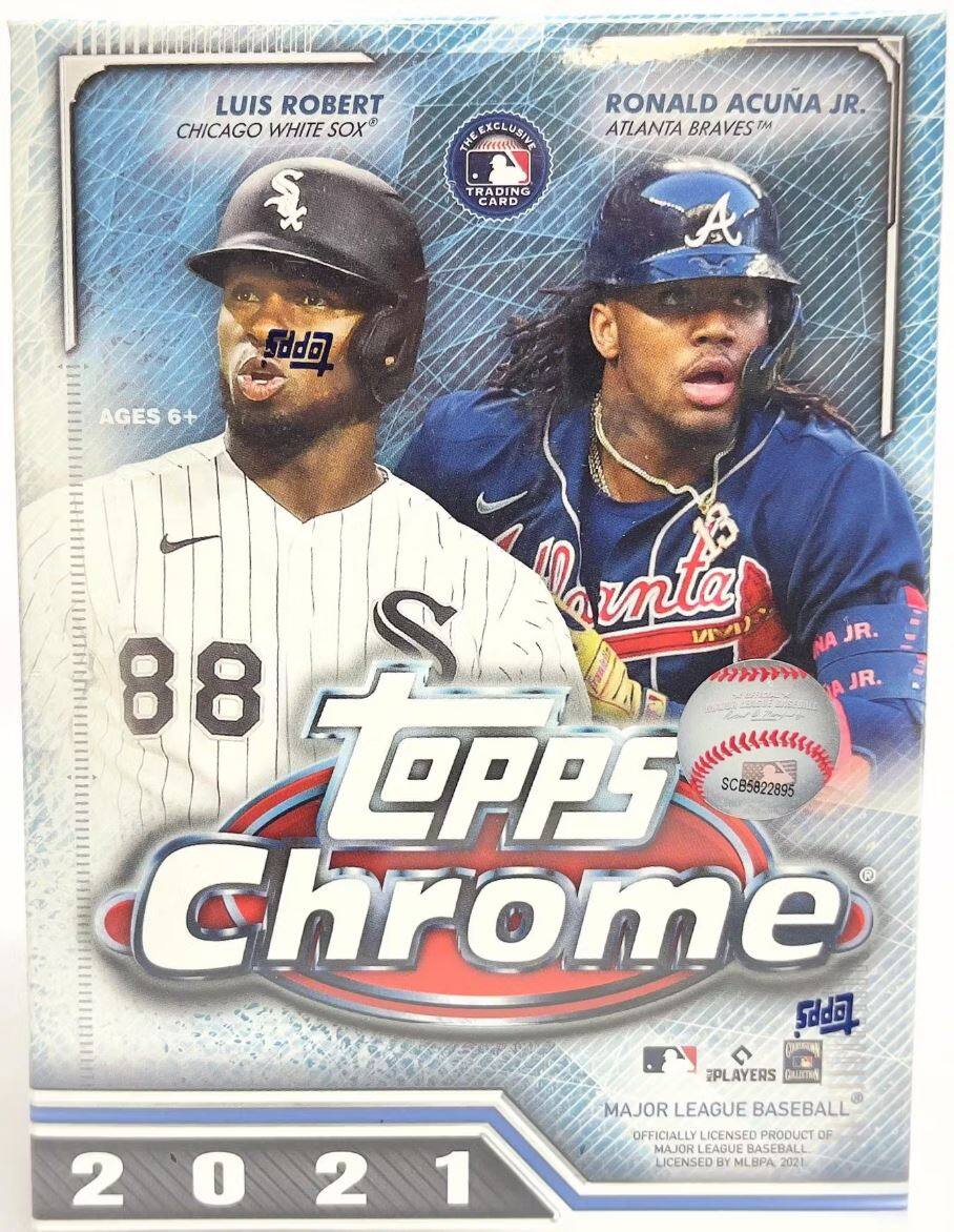 Luis Robert  
Chicago White Sox  

Ronald Acuña Jr.  
Atlanta Braves  

Topps Chrome  
2021  

Ages 6+  

Exclusive Trading Card  

SCB5822895  

Major League Baseball  
Officially Licensed Product of Major League Baseball  
Licensed by MLBPA 2021