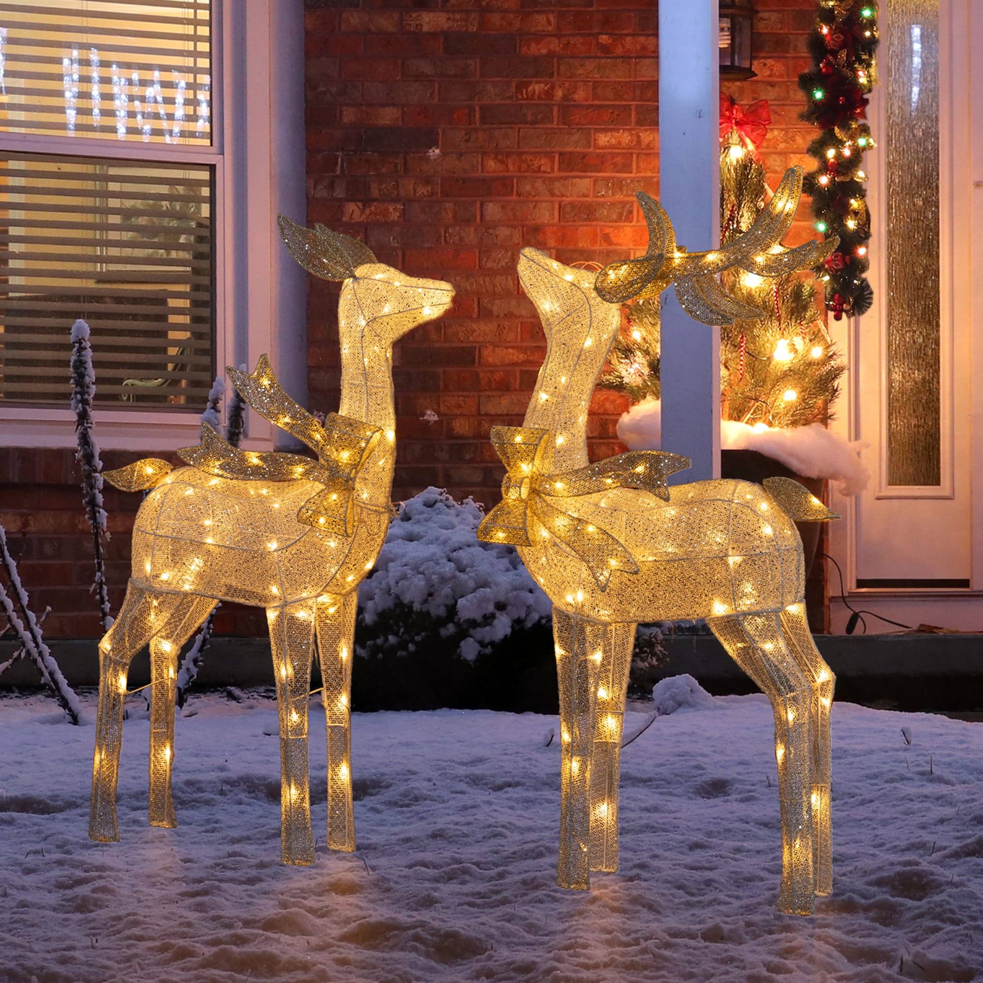 Alt View 4. Glitzhome - 43"H Set of 2 3D Glittered Fabric Reindeers with 170 LED Lights - Multi-Colored.