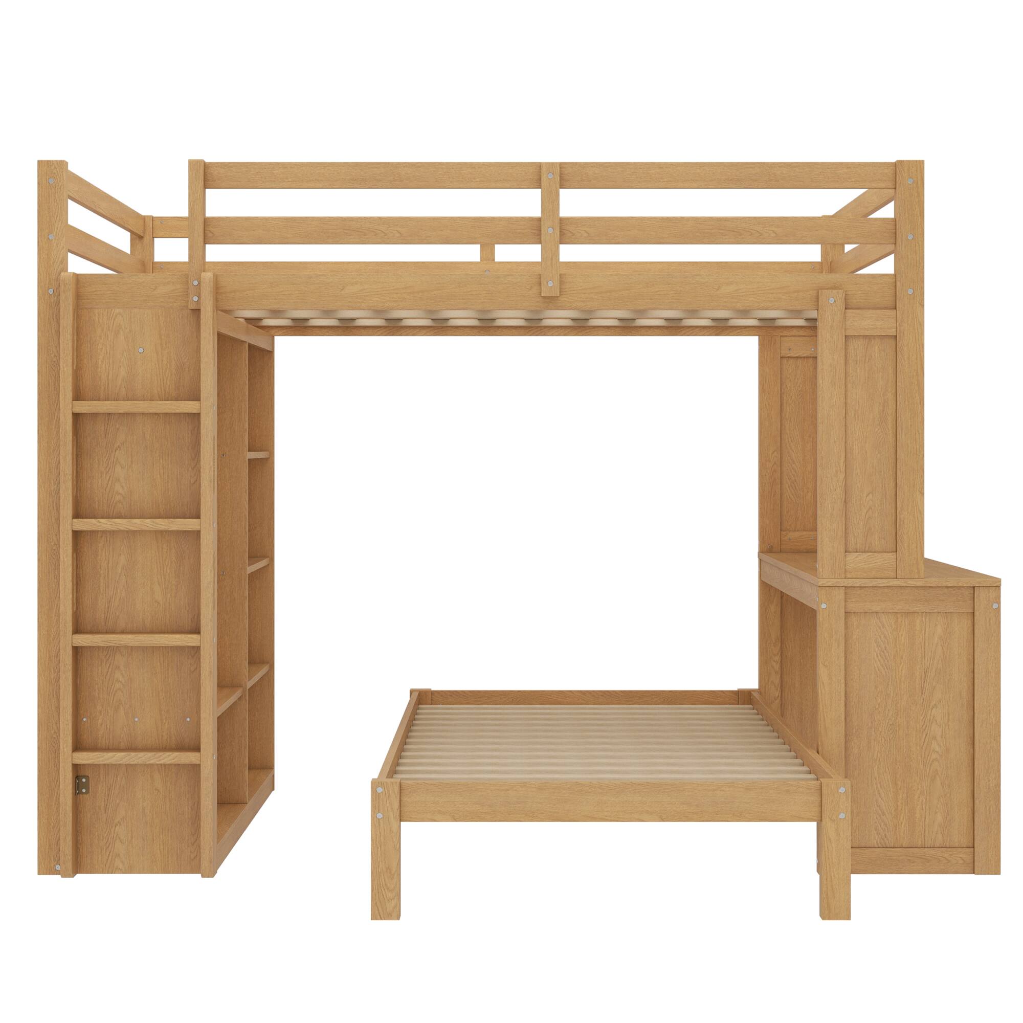 Alt View 2. TinyHomie - Natural Solid Wood Queen Over Twin Bunk Bed Dismountable Desk Shelves Wardrobe - white.